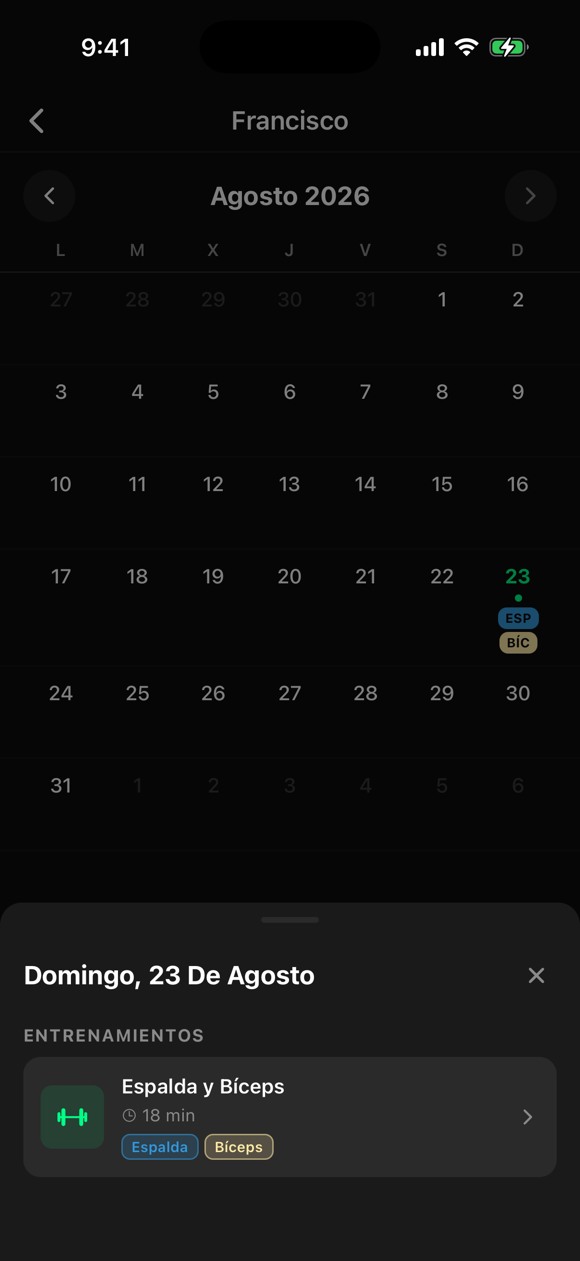 Calendario de entrenamientos del alumno