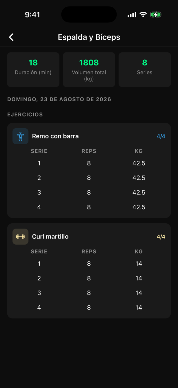 Detalle de una sesión con series, reps y kilos